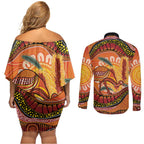 Indigenous Emu Australia Couples Matching Off Shoulder Short Dress and Long Sleeve Button Shirt Australian Bottlebrushes Aboriginal Art Proud