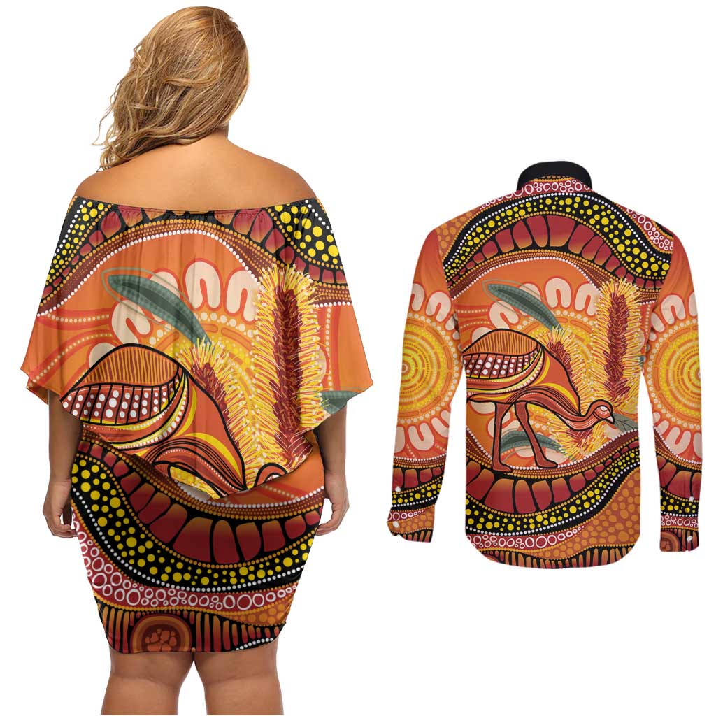 Indigenous Emu Australia Couples Matching Off Shoulder Short Dress and Long Sleeve Button Shirt Australian Bottlebrushes Aboriginal Art Proud