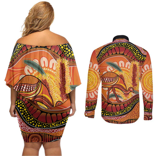 Indigenous Emu Australia Couples Matching Off Shoulder Short Dress and Long Sleeve Button Shirt Australian Bottlebrushes Aboriginal Art Proud