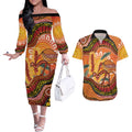 Indigenous Emu Australia Couples Matching Off The Shoulder Long Sleeve Dress and Hawaiian Shirt Australian Bottlebrushes Aboriginal Art Proud
