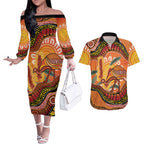 Indigenous Emu Australia Couples Matching Off The Shoulder Long Sleeve Dress and Hawaiian Shirt Australian Bottlebrushes Aboriginal Art Proud