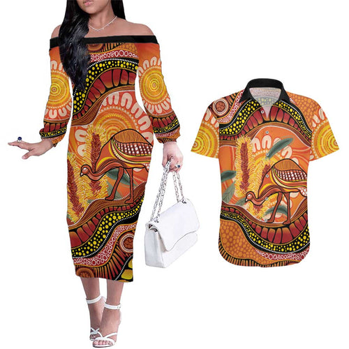 Indigenous Emu Australia Couples Matching Off The Shoulder Long Sleeve Dress and Hawaiian Shirt Australian Bottlebrushes Aboriginal Art Proud