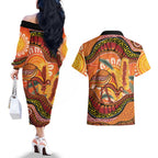 Indigenous Emu Australia Couples Matching Off The Shoulder Long Sleeve Dress and Hawaiian Shirt Australian Bottlebrushes Aboriginal Art Proud