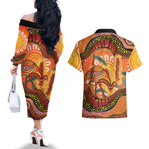 Indigenous Emu Australia Couples Matching Off The Shoulder Long Sleeve Dress and Hawaiian Shirt Australian Bottlebrushes Aboriginal Art Proud