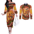 Indigenous Emu Australia Couples Matching Off The Shoulder Long Sleeve Dress and Long Sleeve Button Shirt Australian Bottlebrushes Aboriginal Art Proud