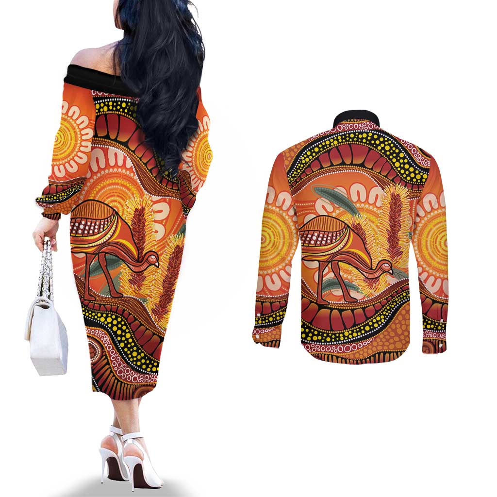 Indigenous Emu Australia Couples Matching Off The Shoulder Long Sleeve Dress and Long Sleeve Button Shirt Australian Bottlebrushes Aboriginal Art Proud