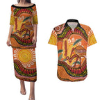 Indigenous Emu Australia Couples Matching Puletasi and Hawaiian Shirt Australian Bottlebrushes Aboriginal Art Proud