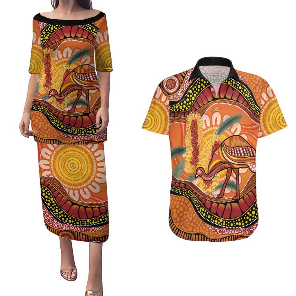 Indigenous Emu Australia Couples Matching Puletasi and Hawaiian Shirt Australian Bottlebrushes Aboriginal Art Proud
