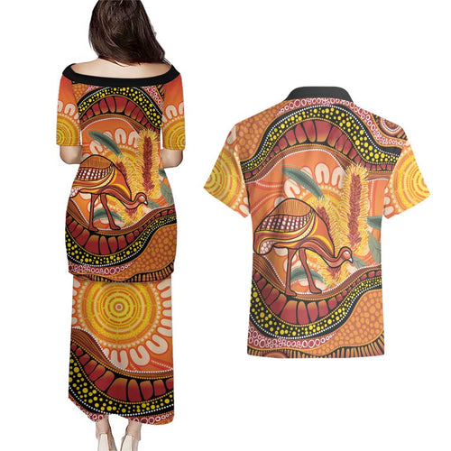 Indigenous Emu Australia Couples Matching Puletasi and Hawaiian Shirt Australian Bottlebrushes Aboriginal Art Proud