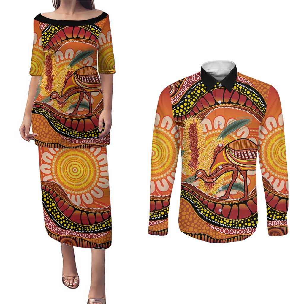 Indigenous Emu Australia Couples Matching Puletasi and Long Sleeve Button Shirt Australian Bottlebrushes Aboriginal Art Proud