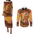 Indigenous Emu Australia Couples Matching Puletasi and Long Sleeve Button Shirt Australian Bottlebrushes Aboriginal Art Proud