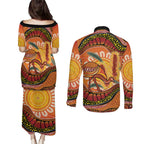 Indigenous Emu Australia Couples Matching Puletasi and Long Sleeve Button Shirt Australian Bottlebrushes Aboriginal Art Proud