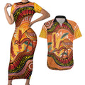 Indigenous Emu Australia Couples Matching Short Sleeve Bodycon Dress and Hawaiian Shirt Australian Bottlebrushes Aboriginal Art Proud
