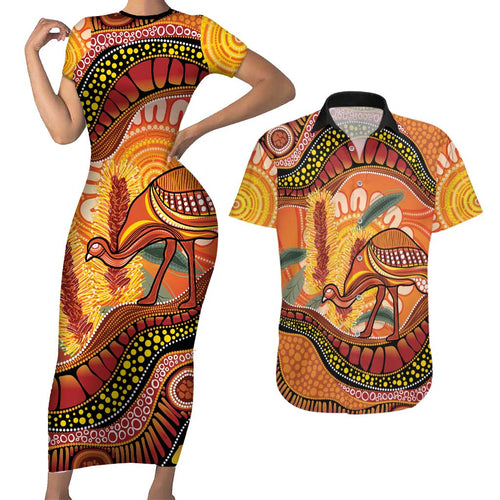 Indigenous Emu Australia Couples Matching Short Sleeve Bodycon Dress and Hawaiian Shirt Australian Bottlebrushes Aboriginal Art Proud