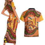 Indigenous Emu Australia Couples Matching Short Sleeve Bodycon Dress and Hawaiian Shirt Australian Bottlebrushes Aboriginal Art Proud