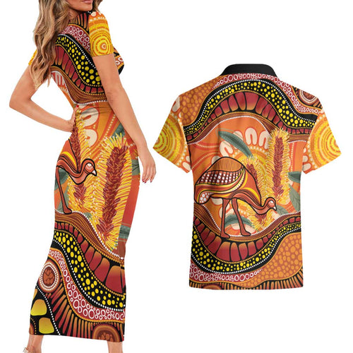 Indigenous Emu Australia Couples Matching Short Sleeve Bodycon Dress and Hawaiian Shirt Australian Bottlebrushes Aboriginal Art Proud