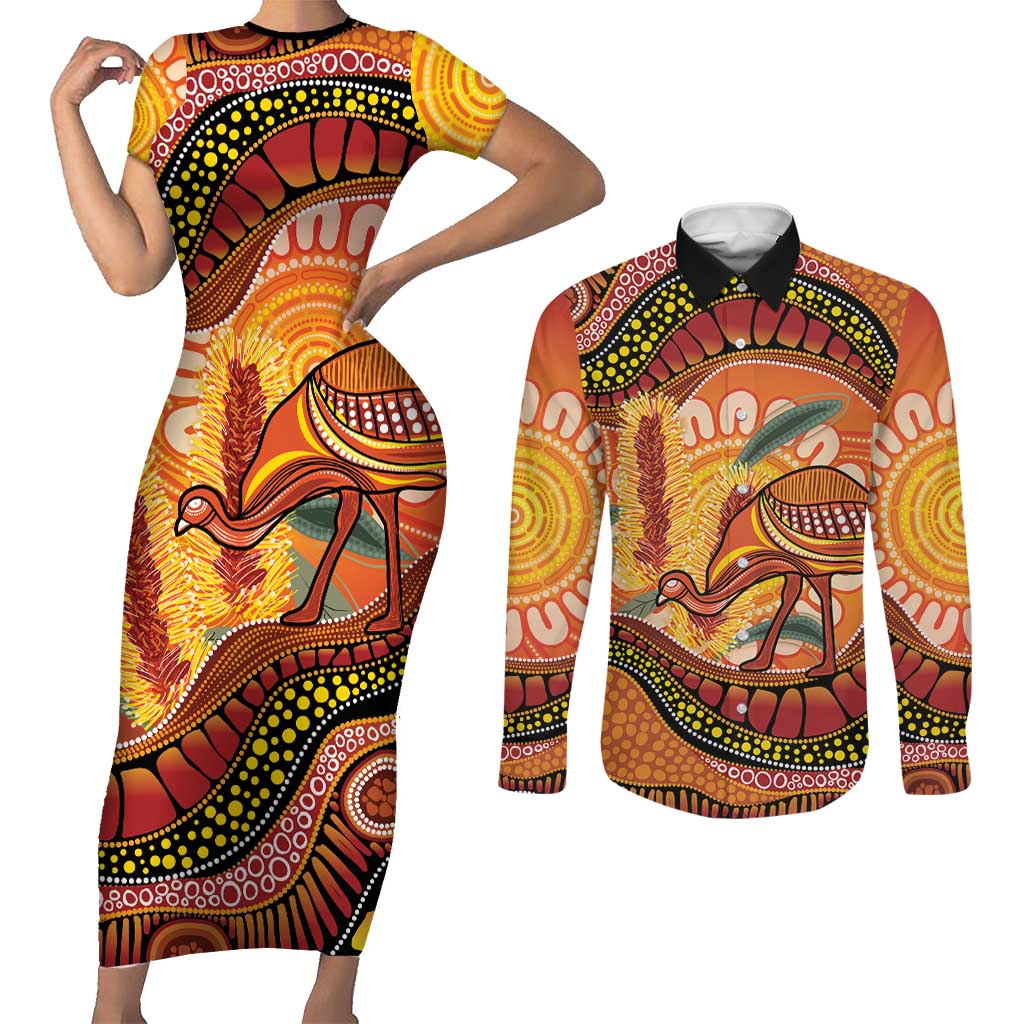 Indigenous Emu Australia Couples Matching Short Sleeve Bodycon Dress and Long Sleeve Button Shirt Australian Bottlebrushes Aboriginal Art Proud