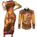 Indigenous Emu Australia Couples Matching Short Sleeve Bodycon Dress and Long Sleeve Button Shirt Australian Bottlebrushes Aboriginal Art Proud
