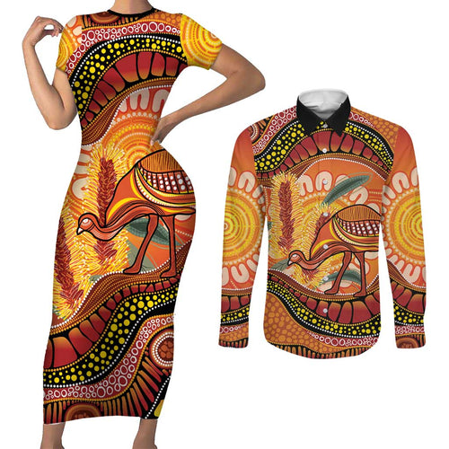 Indigenous Emu Australia Couples Matching Short Sleeve Bodycon Dress and Long Sleeve Button Shirt Australian Bottlebrushes Aboriginal Art Proud