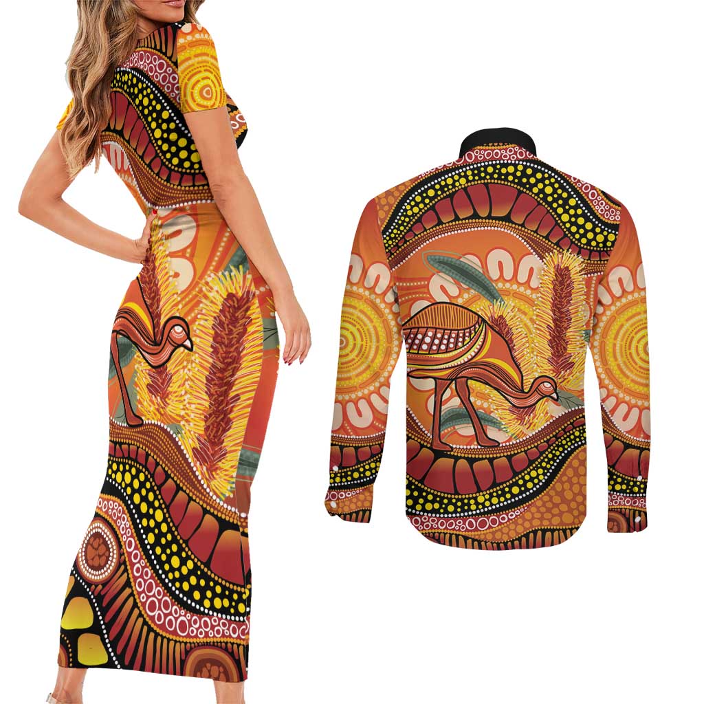Indigenous Emu Australia Couples Matching Short Sleeve Bodycon Dress and Long Sleeve Button Shirt Australian Bottlebrushes Aboriginal Art Proud