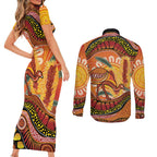 Indigenous Emu Australia Couples Matching Short Sleeve Bodycon Dress and Long Sleeve Button Shirt Australian Bottlebrushes Aboriginal Art Proud
