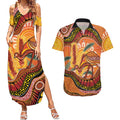Indigenous Emu Australia Couples Matching Summer Maxi Dress and Hawaiian Shirt Australian Bottlebrushes Aboriginal Art Proud