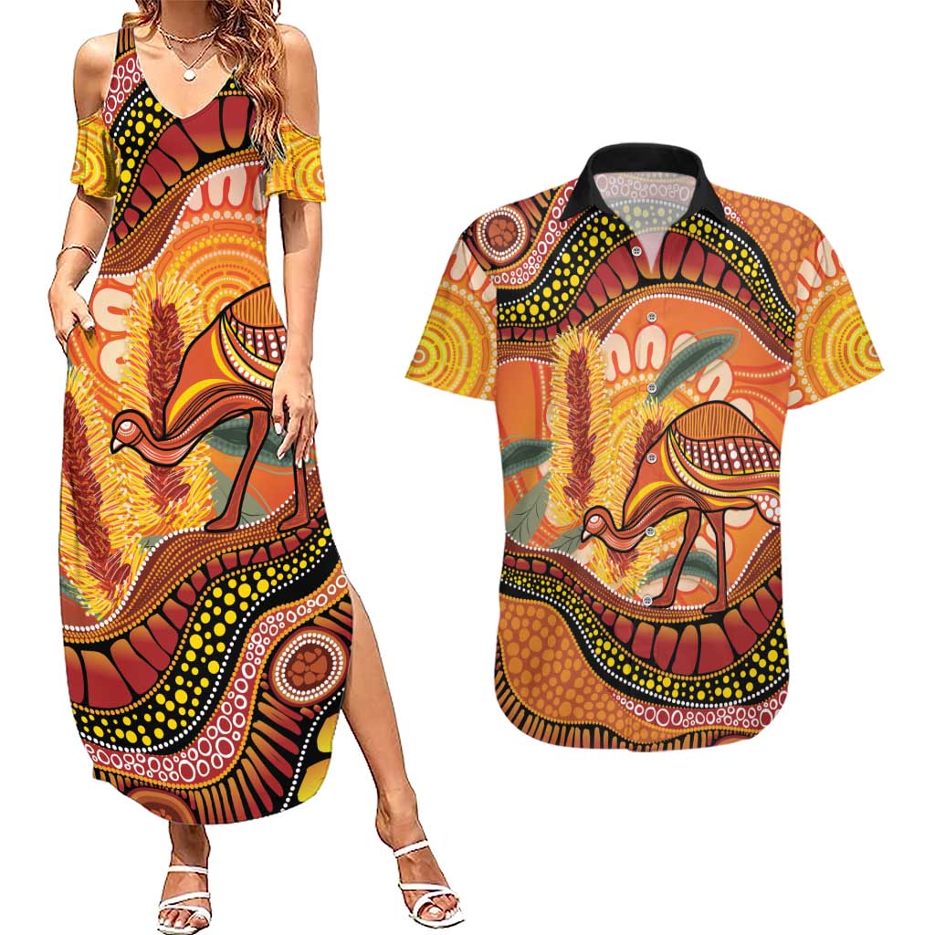 Indigenous Emu Australia Couples Matching Summer Maxi Dress and Hawaiian Shirt Australian Bottlebrushes Aboriginal Art Proud