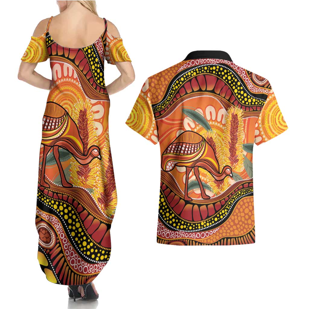 Indigenous Emu Australia Couples Matching Summer Maxi Dress and Hawaiian Shirt Australian Bottlebrushes Aboriginal Art Proud