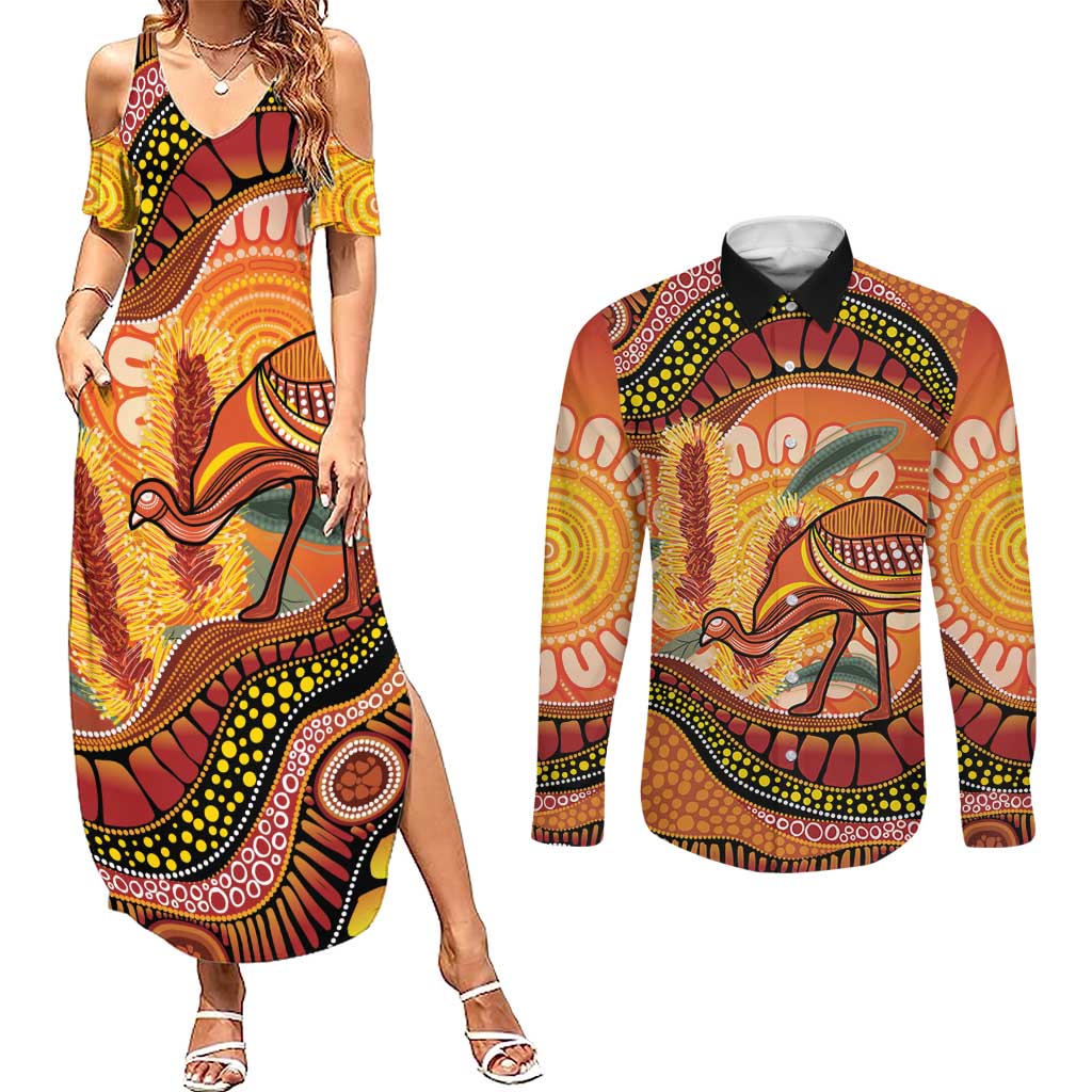 Indigenous Emu Australia Couples Matching Summer Maxi Dress and Long Sleeve Button Shirt Australian Bottlebrushes Aboriginal Art Proud