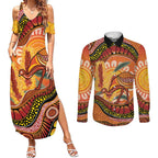 Indigenous Emu Australia Couples Matching Summer Maxi Dress and Long Sleeve Button Shirt Australian Bottlebrushes Aboriginal Art Proud