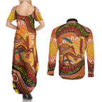 Indigenous Emu Australia Couples Matching Summer Maxi Dress and Long Sleeve Button Shirt Australian Bottlebrushes Aboriginal Art Proud