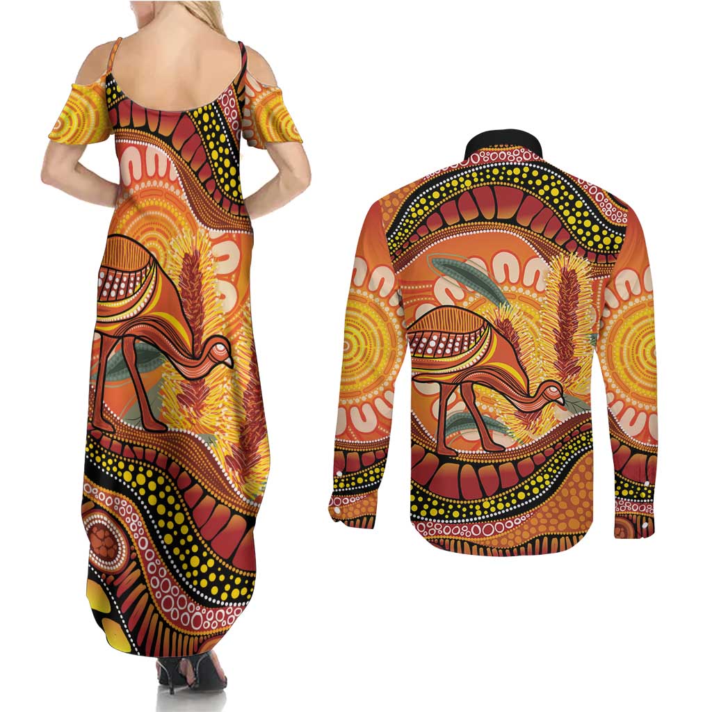 Indigenous Emu Australia Couples Matching Summer Maxi Dress and Long Sleeve Button Shirt Australian Bottlebrushes Aboriginal Art Proud