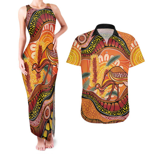 Indigenous Emu Australia Couples Matching Tank Maxi Dress and Hawaiian Shirt Australian Bottlebrushes Aboriginal Art Proud