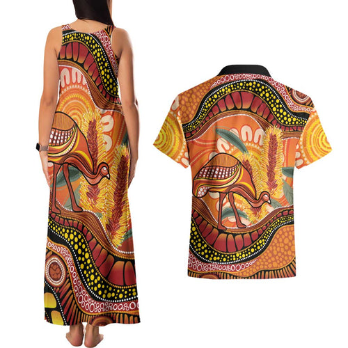 Indigenous Emu Australia Couples Matching Tank Maxi Dress and Hawaiian Shirt Australian Bottlebrushes Aboriginal Art Proud