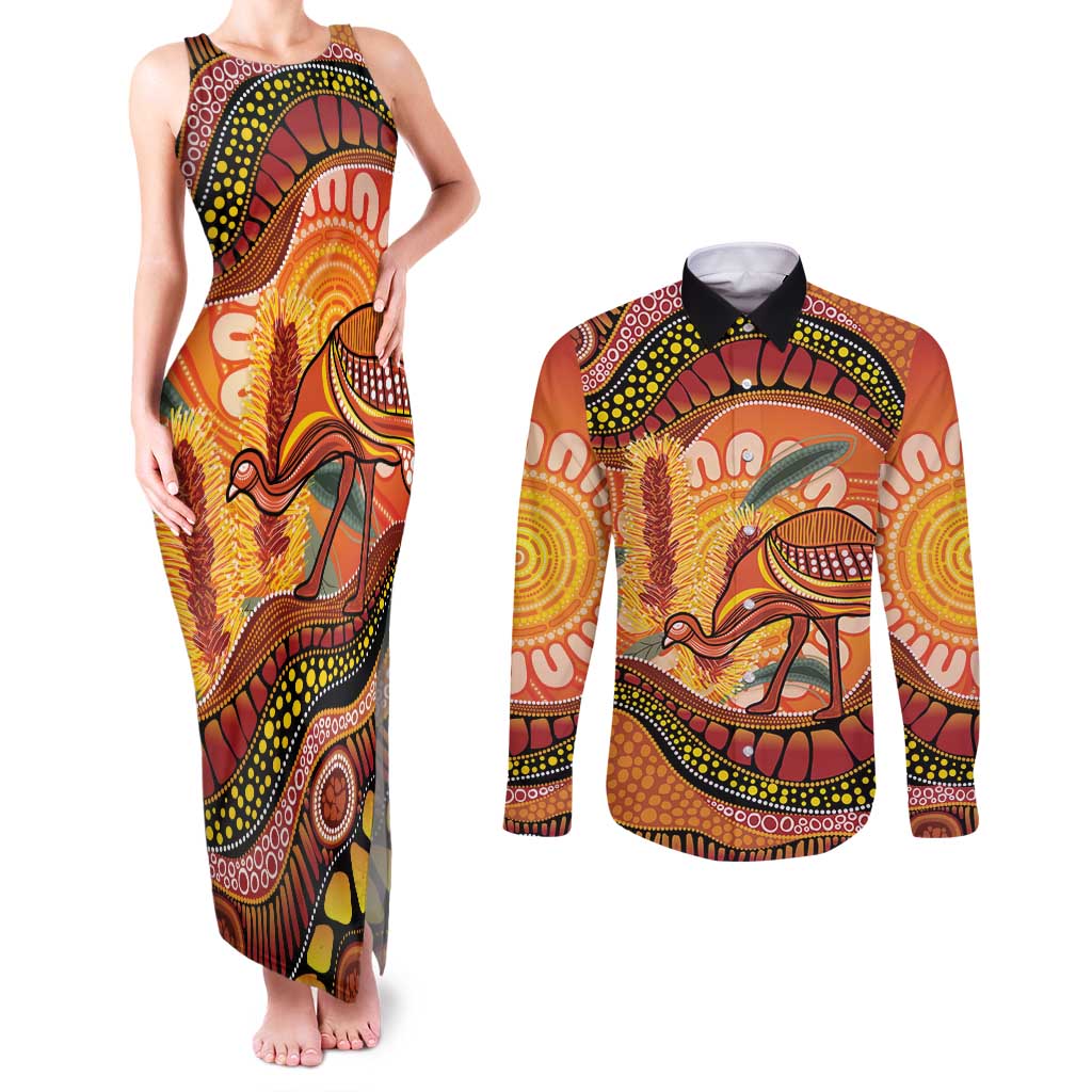 Indigenous Emu Australia Couples Matching Tank Maxi Dress and Long Sleeve Button Shirt Australian Bottlebrushes Aboriginal Art Proud