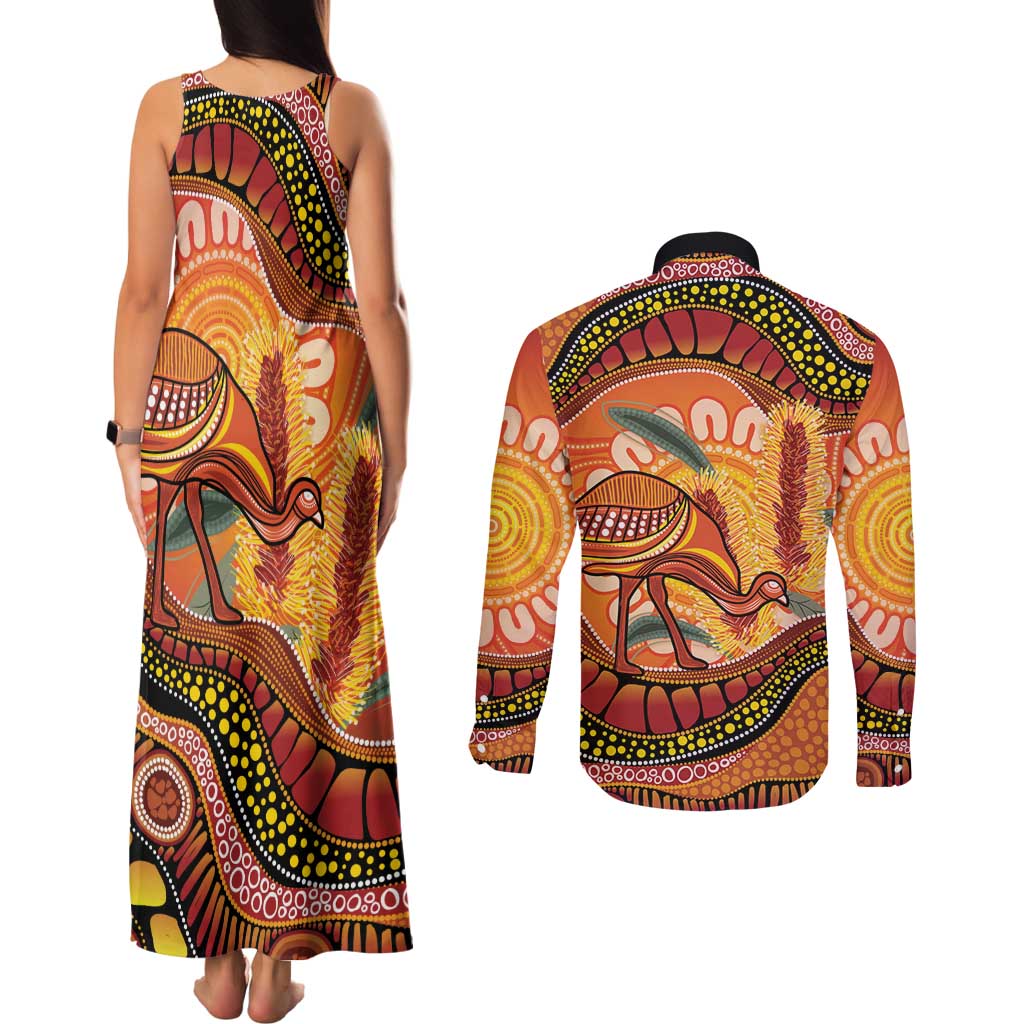 Indigenous Emu Australia Couples Matching Tank Maxi Dress and Long Sleeve Button Shirt Australian Bottlebrushes Aboriginal Art Proud
