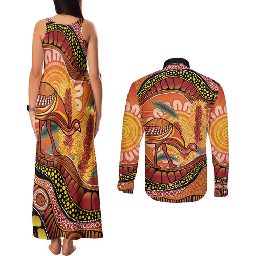 Indigenous Emu Australia Couples Matching Tank Maxi Dress and Long Sleeve Button Shirt Australian Bottlebrushes Aboriginal Art Proud