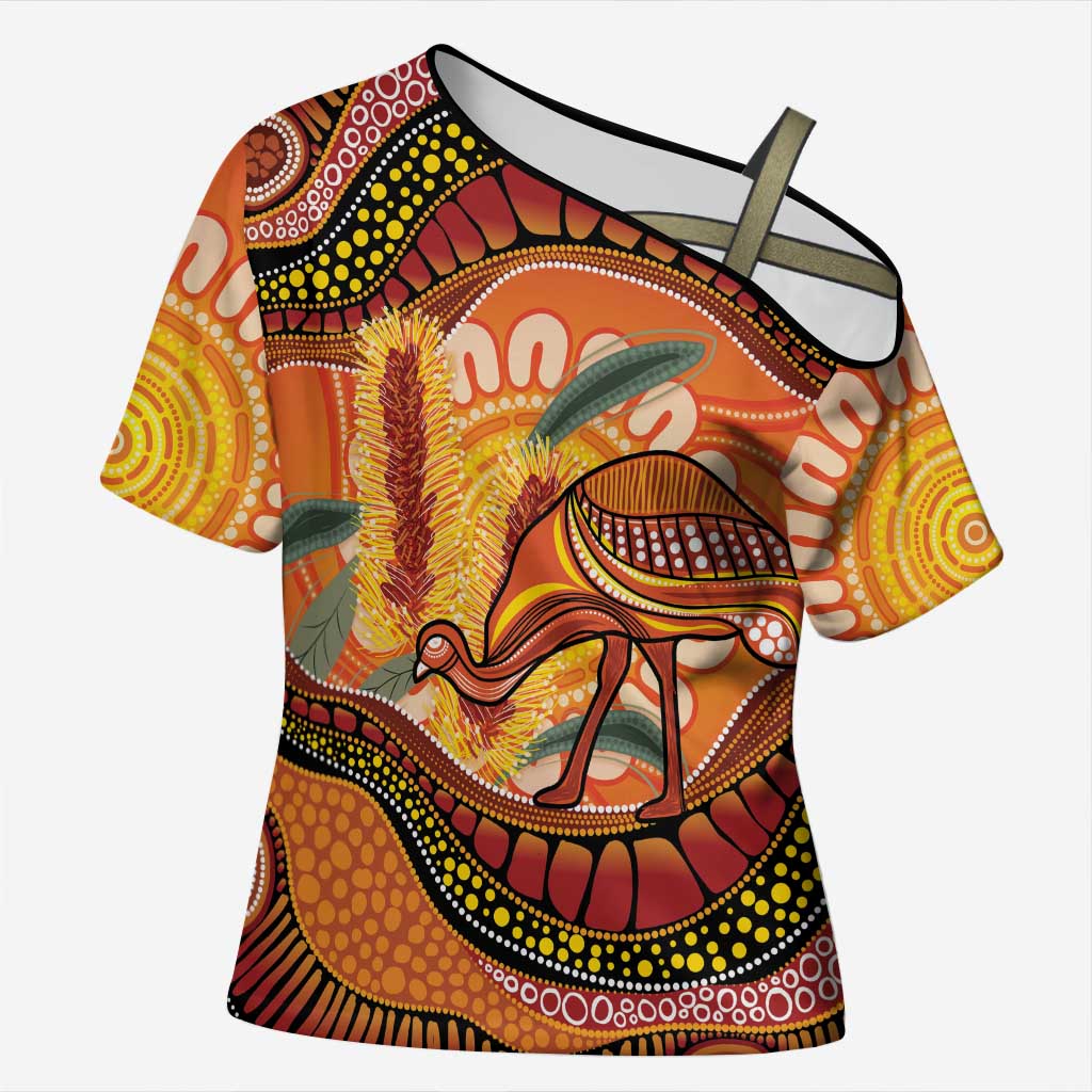Indigenous Emu Australia Cross Shoulder Shirt Australian Bottlebrushes Aboriginal Art Proud