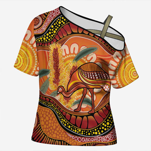 Indigenous Emu Australia Cross Shoulder Shirt Australian Bottlebrushes Aboriginal Art Proud