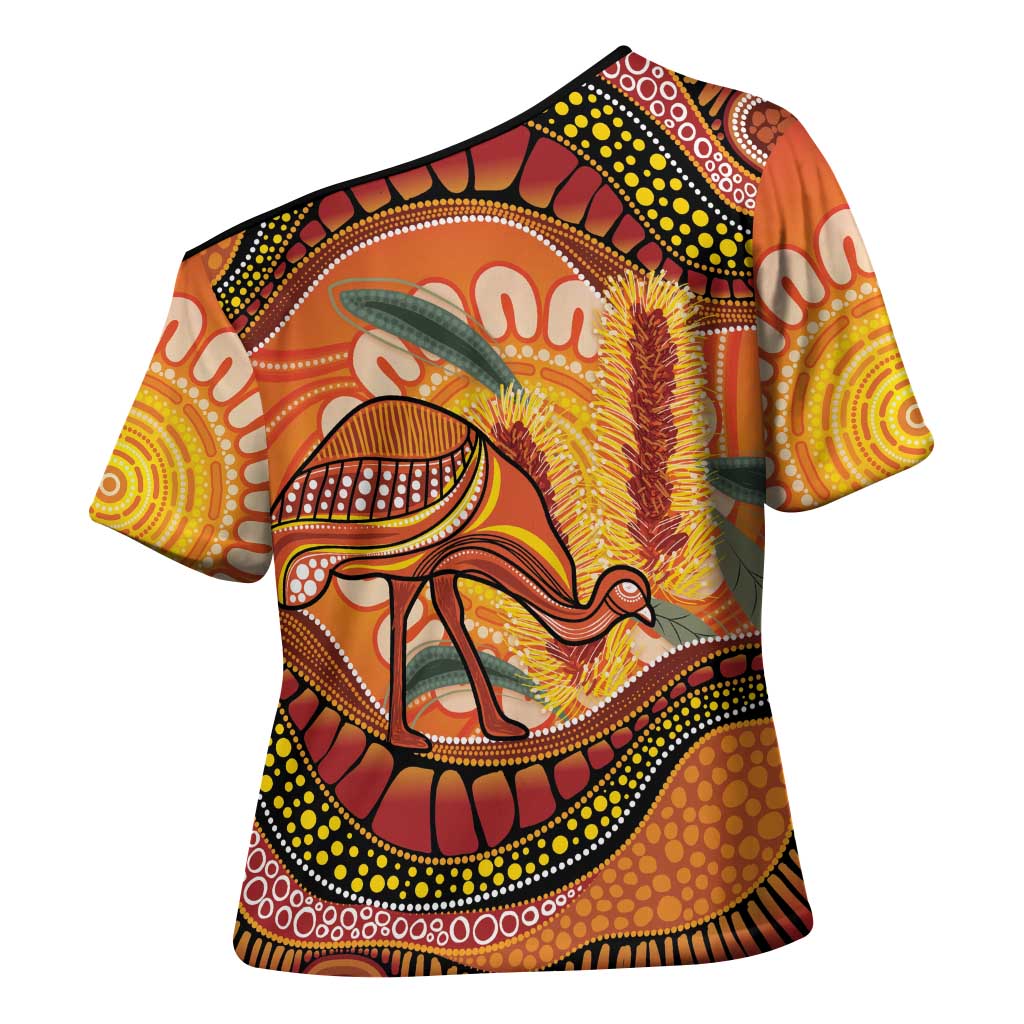 Indigenous Emu Australia Cross Shoulder Shirt Australian Bottlebrushes Aboriginal Art Proud