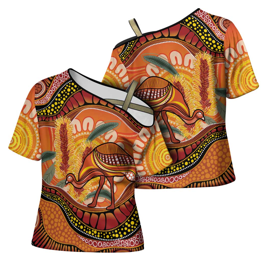 Indigenous Emu Australia Cross Shoulder Shirt Australian Bottlebrushes Aboriginal Art Proud
