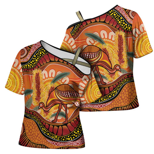 Indigenous Emu Australia Cross Shoulder Shirt Australian Bottlebrushes Aboriginal Art Proud