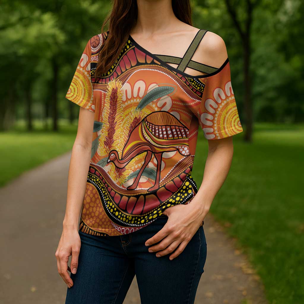 Indigenous Emu Australia Cross Shoulder Shirt Australian Bottlebrushes Aboriginal Art Proud