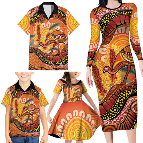Indigenous Emu Australia Family Matching Long Sleeve Bodycon Dress and Hawaiian Shirt Australian Bottlebrushes Aboriginal Art Proud