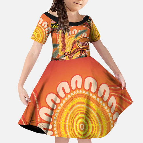 Indigenous Emu Australia Family Matching Long Sleeve Bodycon Dress and Hawaiian Shirt Australian Bottlebrushes Aboriginal Art Proud