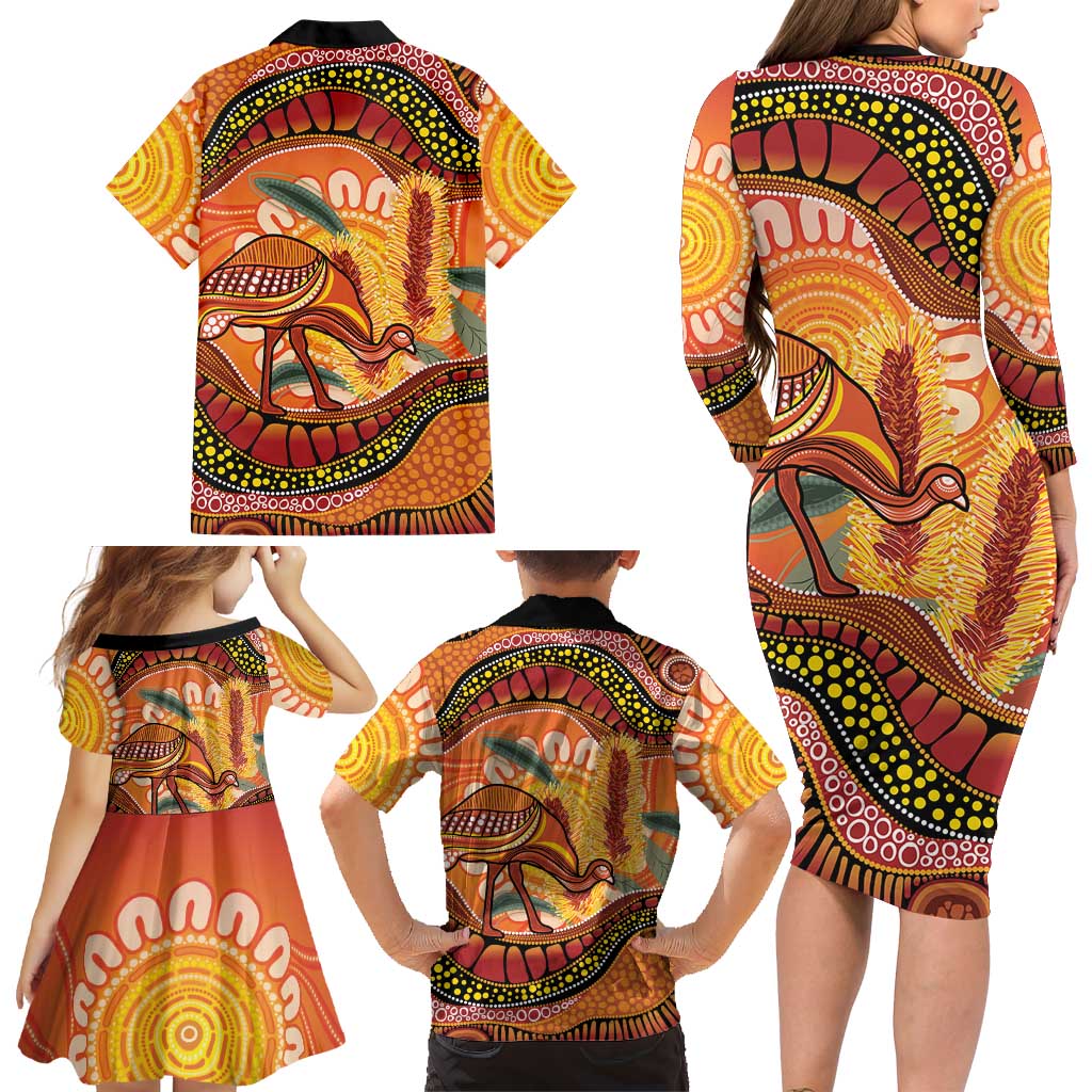 Indigenous Emu Australia Family Matching Long Sleeve Bodycon Dress and Hawaiian Shirt Australian Bottlebrushes Aboriginal Art Proud