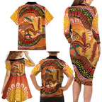 Indigenous Emu Australia Family Matching Long Sleeve Bodycon Dress and Hawaiian Shirt Australian Bottlebrushes Aboriginal Art Proud