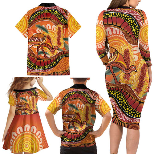 Indigenous Emu Australia Family Matching Long Sleeve Bodycon Dress and Hawaiian Shirt Australian Bottlebrushes Aboriginal Art Proud