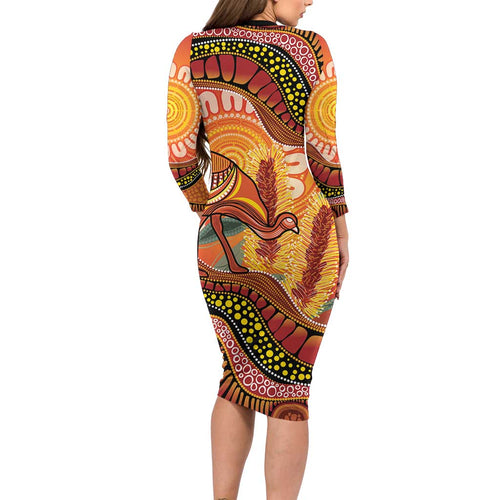 Indigenous Emu Australia Family Matching Long Sleeve Bodycon Dress and Hawaiian Shirt Australian Bottlebrushes Aboriginal Art Proud