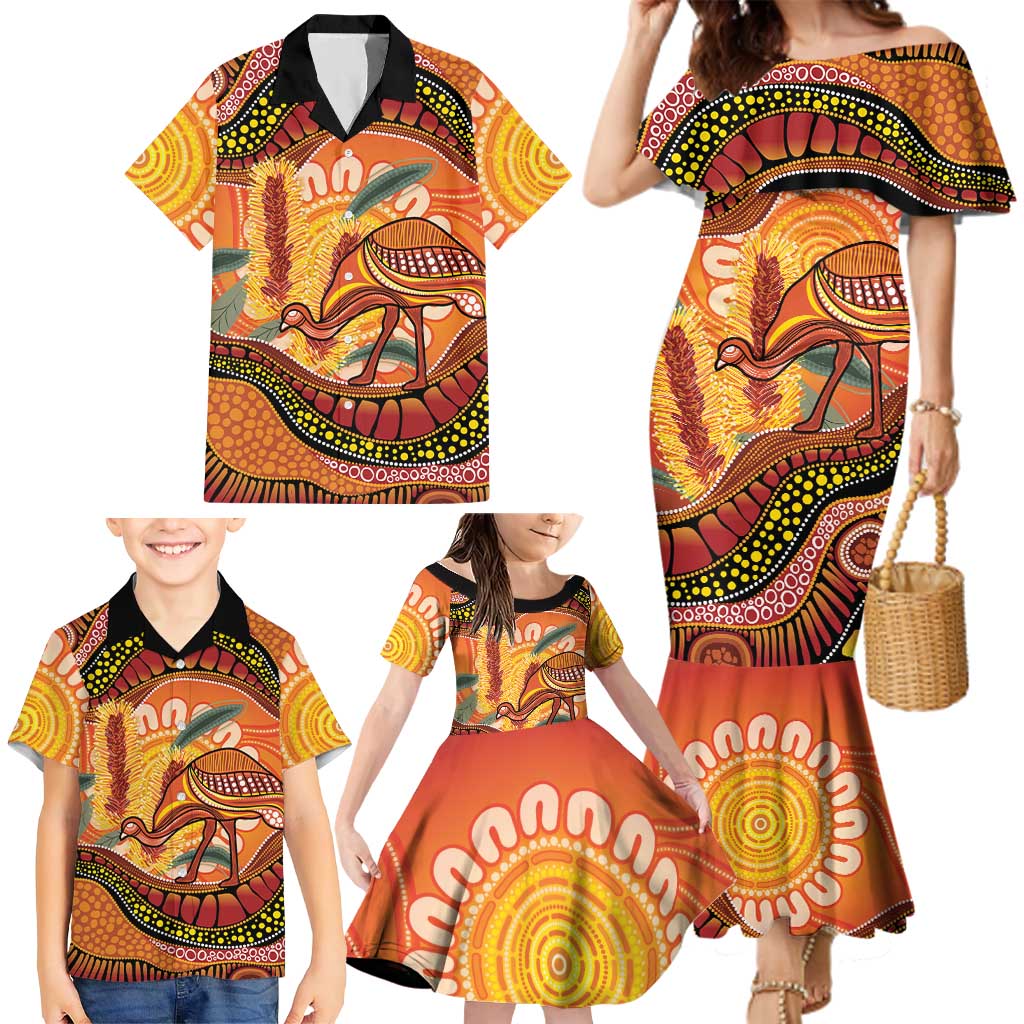 Indigenous Emu Australia Family Matching Mermaid Dress and Hawaiian Shirt Australian Bottlebrushes Aboriginal Art Proud